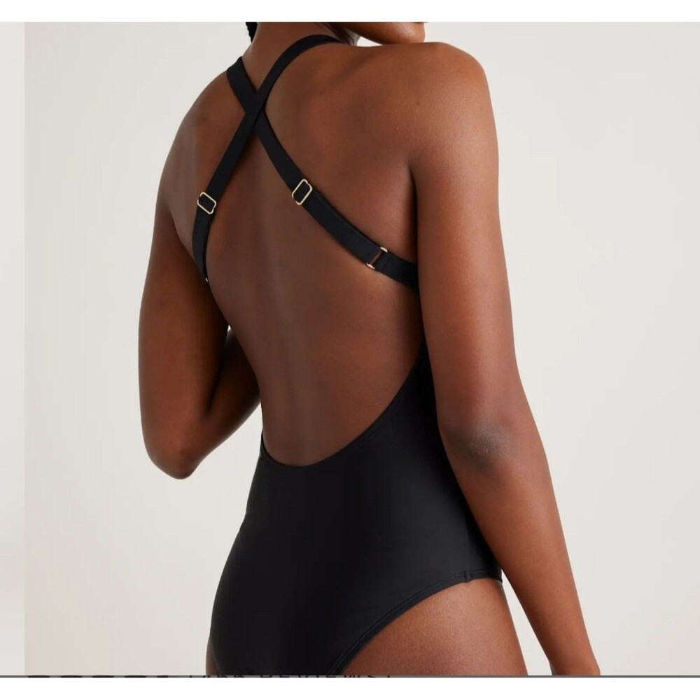 Quince Italian Cross Back One Piece Swimsuit Size S in Black Adjustable Straps